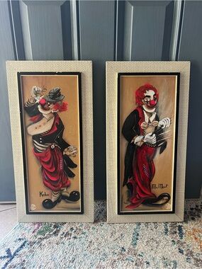Vintage MCM Pair Framed Franklin Original Koko and Mr Mort Clown Art